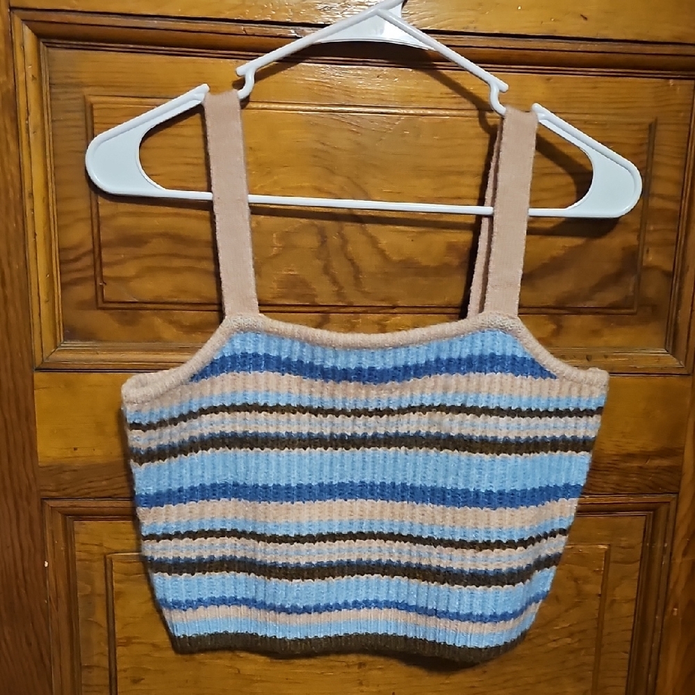 English Factory Blue, Pink & Brown Sweater Striped Crop Top M